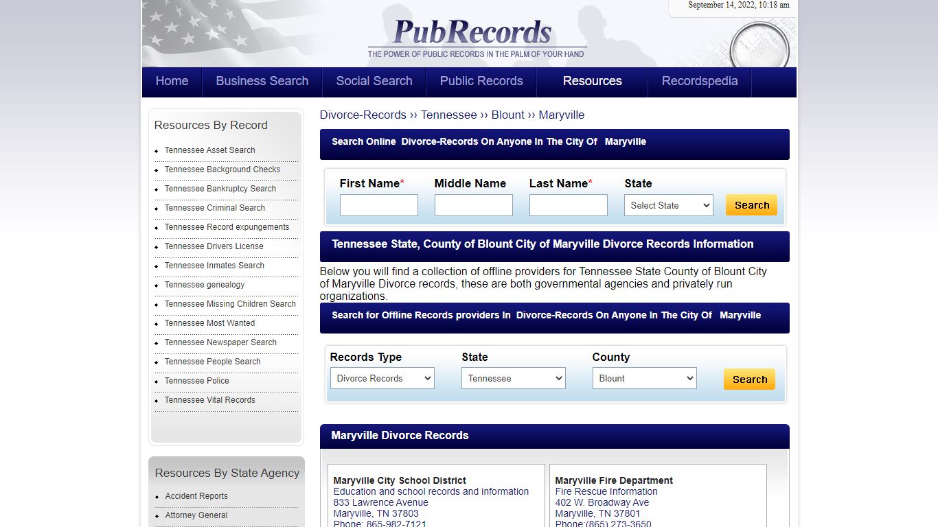 Maryville, Blount County, Tennessee Divorce Records